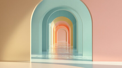 Fototapeta premium Abstract pastel arch corridor with water reflection and light