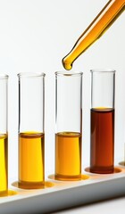 A test tube with yellow liquid being poured into it, next to three other glass tubes filled with different colors of oil on a white background