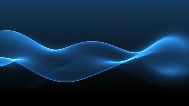 Abstract blue wave motion background, glowing neon light curves on dark backdrop, elegant flowing energy lines for corporate video presentations
