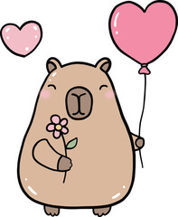 Fototapeta premium Cute Capybara Holding Heart Balloon, Valentine’s Day Illustration