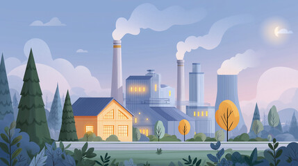 Industrial Landscape at Dusk: An illustrated view of an industrial plant at twilight, with smokestacks releasing plumes of smoke against a backdrop of trees, the moon, and soft evening sky.