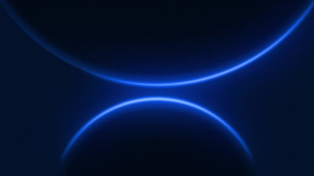 Animation of smooth moving glowing blue neon curves, abstract dark motion graphic background with blank copy space