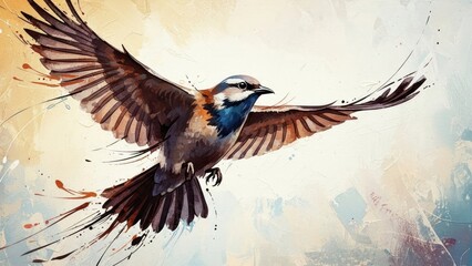 Bird in flight with wings spread, artfully rendered with expressive brushstrokes and colors