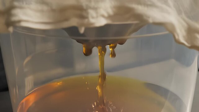 Close up of gloved hand pouring dark viscous liquid through cheesecloth filter to purify golden oil or maple syrup