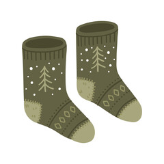 Christmas winter socks illustration. Warm patterned winter socks illustration for cozy Christmas clothing and holiday comfort themes. Vector hand drawn illustration.