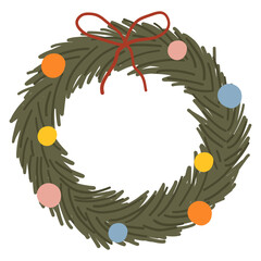 Christmas wreath decoration. Festive Christmas wreath with ornaments and ribbon, perfect for holiday decor and seasonal illustrations. Vector hand drawn illustration.