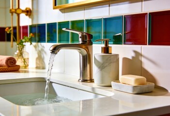 Minimal bathroom sink with running water and soap dispenser, clean hygiene concept, realistic textures, soft daylight, real photo, stock photography