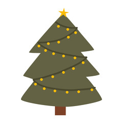 Flat Christmas tree illustration. Modern stylized Christmas tree with lights for minimal and contemporary holiday design projects. Vector illustration.