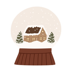 Snow globe winter house. Cozy snow globe illustration with winter house and trees for Christmas and seasonal holiday designs. Vector hand drawn illustration.