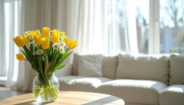 Bouquet di tulipani gialli e margherite in vaso di vetro su tavolino in soggiorno moderno e luminoso. Generative AI
