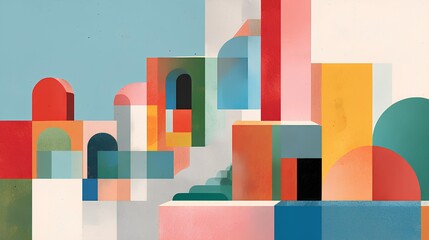 Geometric Abstraction in Architectural Composition: A vibrant display of geometric forms and overlapping shapes come together to construct a visual representation.