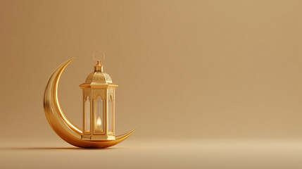 A golden lantern with crescent moon, Ramadan Kareem greeting with copy space