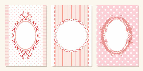 Set of three decorative pink and white framed card designs