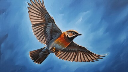 Detailed illustration of a bird in flight against a blurry blue sky background