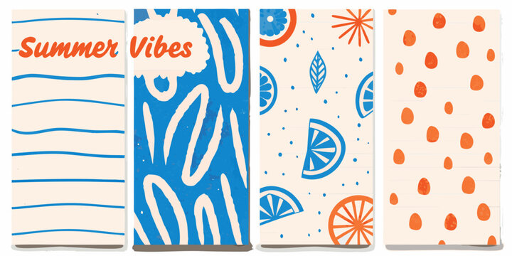 Four colorful summer themed patterned panels with fruit and abstract designs