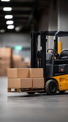 Naklejka premium Close-Up of Forklift Lifting Pallet with Boxes in Warehouse Environment