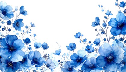Blue watercolor floral illustration with a white background and detailed petals