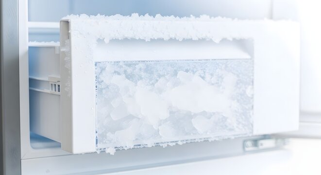 A freezer drawer iced shut, demonstrating a common appliance problem concept with significant frost and ice buildup