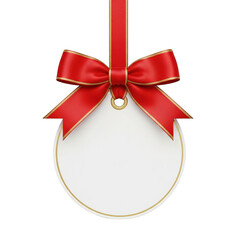 Obraz premium A white christmas ornament with a red ribbon bow hanging from a red ribbon. isolated on transparent background