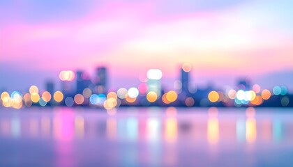 Out-of-focus cityscape at dusk reflects in water under a soft pink and orange sky