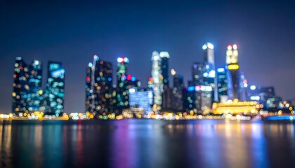 Out-of-focus city skyline at night, with lights reflecting in water