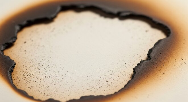 A close-up shot of a large hole burnt into white paper with charred black edges and brown singe marks