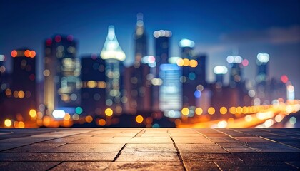 Cityscape blurred at night. Pavement foreground, bokeh lights building background