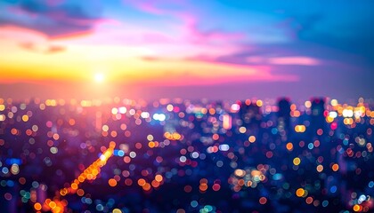 Bokeh city lights glow warmly under vibrant sunset; out-of-focus cityscape