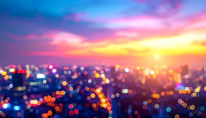 Cityscape bokeh under sunset. Light blurs into colorful evening sky and cityscape