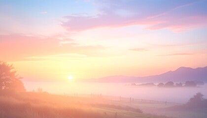 Dreamy sunset over a field with hazy mountains in the distance