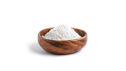 Flour in a wooden bowl isolated on a white background. High quality photo