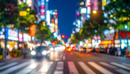 Blurred city street at night with glowing signs, cars, and pedestrian crossing