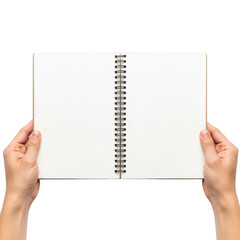 Obraz premium A person holding a blank spiral notebook with both hands against a white background. isolated on transparent background