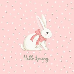 Cute easter bunny illustration on flower background