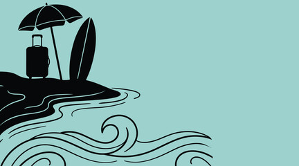 Summer beach vacation silhouette background with suitcase surfboard and umbrella.