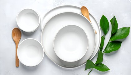 Minimalist tableware white plates, bowls, wood spoons and green leaves arrangement