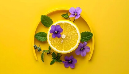 Vibrant lemon slice, purple flowers, and green leaves on a bright yellow plate