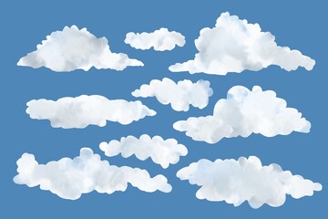 Set of white watercolour cloud illustrations. Different cloud shapes and forms.	
