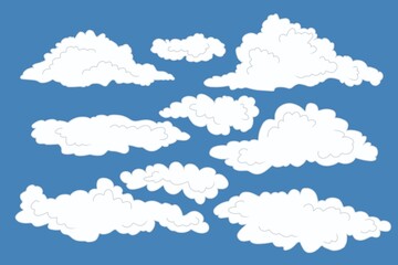 Cartoon white clouds set with outline.	