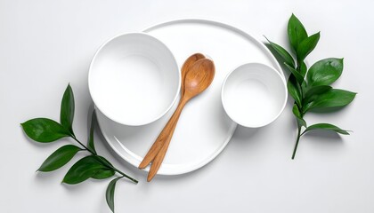 Minimalist arrangement white dishes, wooden spoons, lush green foliage on white