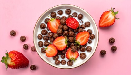 Cereal with strawberries on pink background, bright, top-down food shot