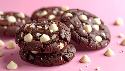 Chocolate cookies stacked, with white chips, on a pink background, close-up