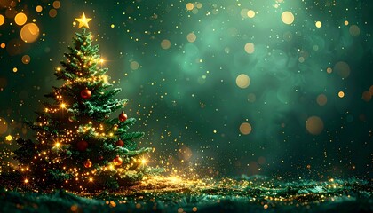 Festive Christmas tree glows with soft lights amid bokeh on a green backdrop