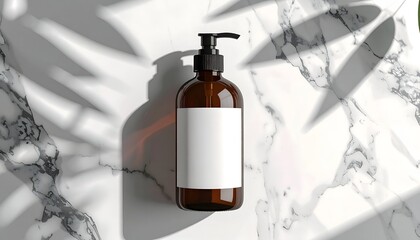 Amber pump bottle, white label, on marble, dappled light