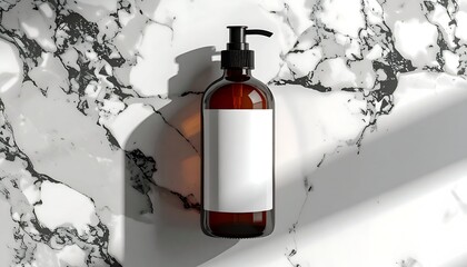 Amber bottle with pump on white marble background with light & shadow