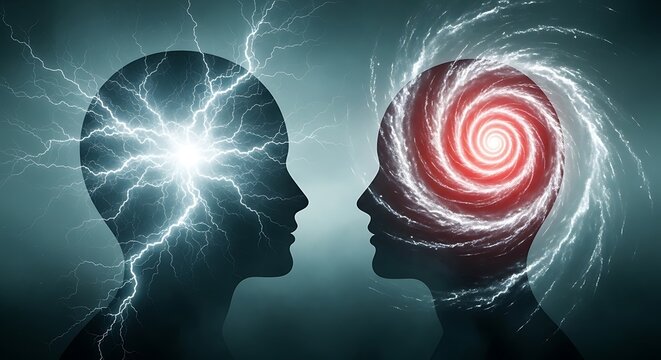 Dramatic silhouettes of two heads with electric and swirling storm effects
