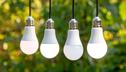 Four LED bulbs hang against bokeh greenery; brightness varies from dim to bright