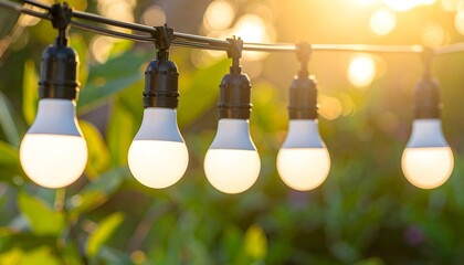 String of glowing lightbulbs against a blurred natural background in golden hour