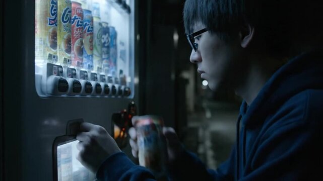Young man in glasses buying a drink from a vending machine at night, illuminated by the machines light.