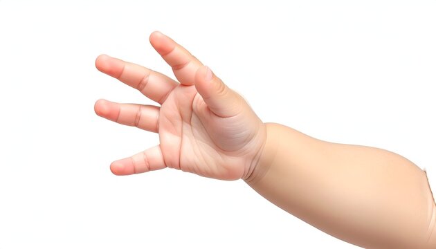 Baby's small hand reaching out with fingers outstretched against a white background